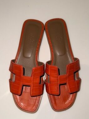 Hermes Orange Croc Oran Slide Sandals - Women
